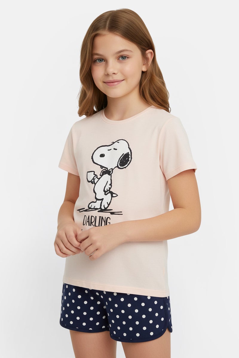 Peanuts Kids Girl 2 Pcs Graphic Print T-Shirt And Shorts Pyjama Set, Multicolor - Image 1